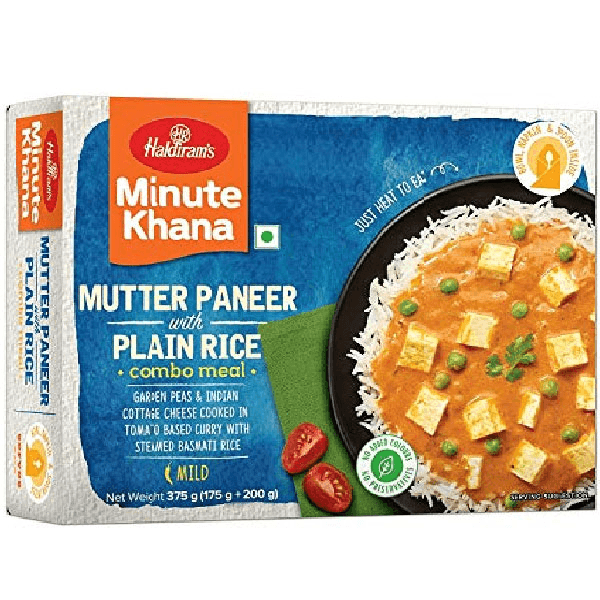 haldiram's minute khana mutter paneer with plain rice combo meal 375 gm